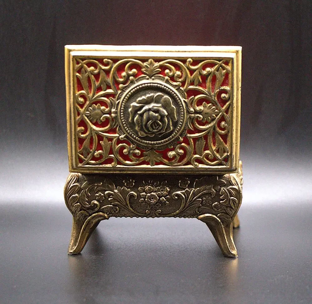 Vintage Gold Tone Rose Jewelry Box Red Velvet Lined Ornate Floral Engraved Metal